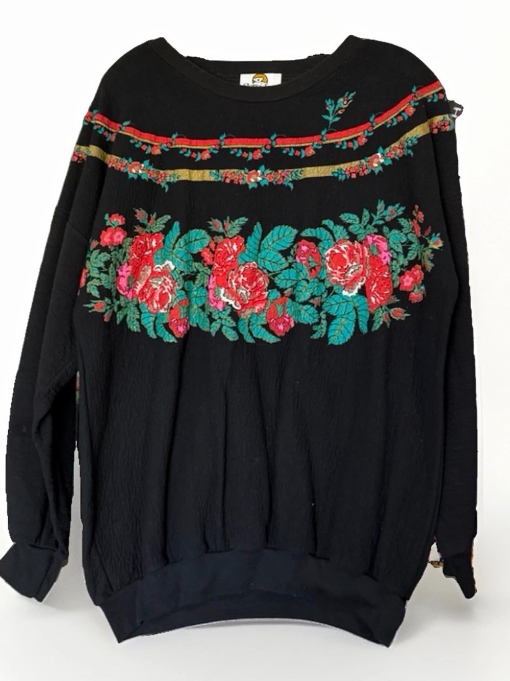 Black Floral Embroidered Women's Sweater - Rose Motif